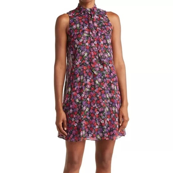 Calvin Klein $119 Tie Neck Sleeveless Black Floral Trapeze Dress Size 10 NWT - Picture 1 of 4